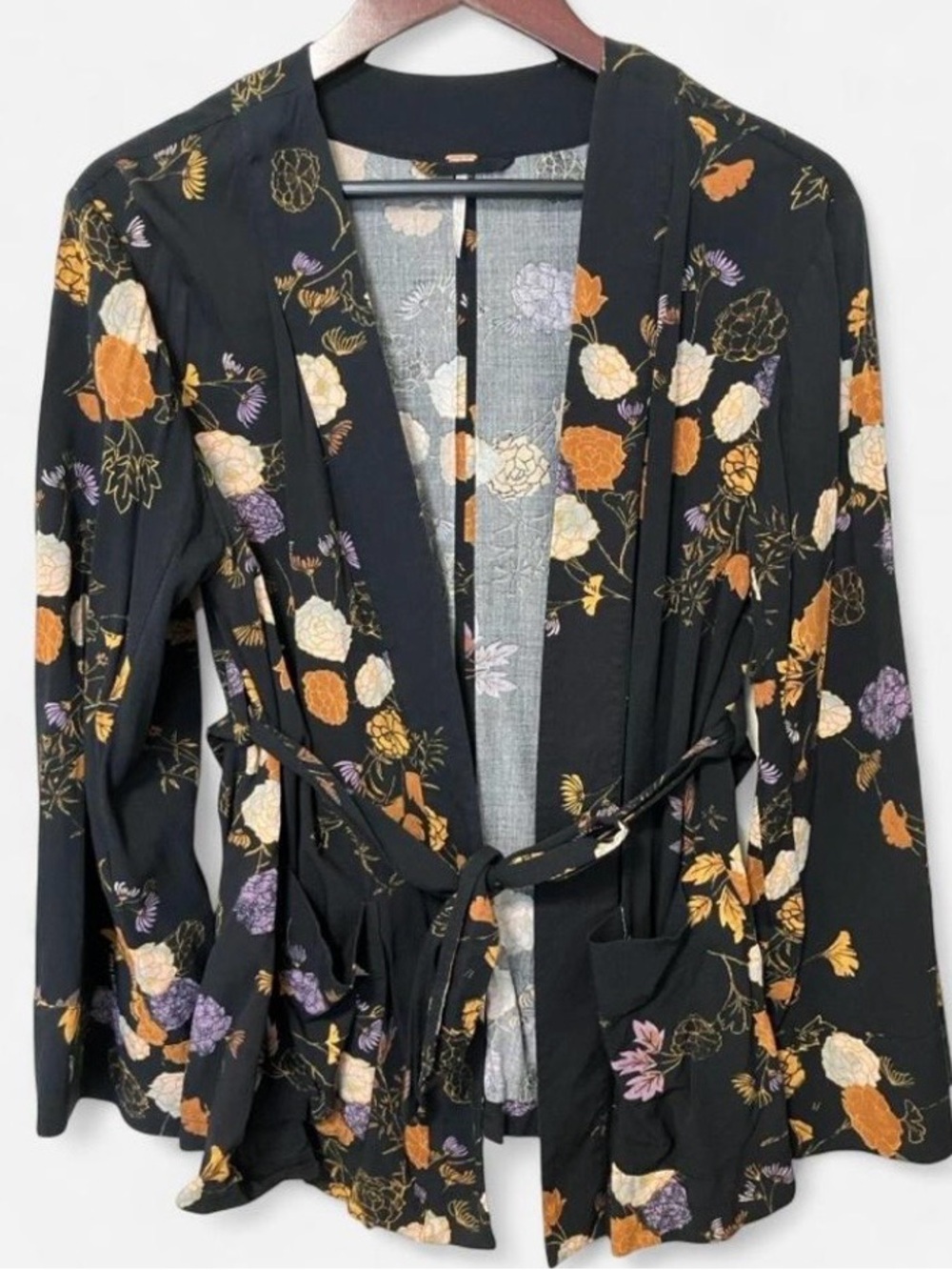 Free People Black Fall Floral Belted Kimono Jacket with Pockets Women’s Size XS